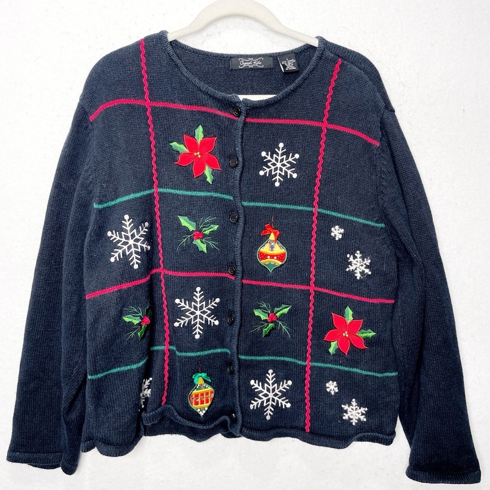 Crystal Kobe Novelty Ugly Christmas Sweater Black Large Snowflake Ornament Holly